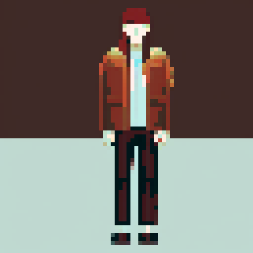 Semi Deamon Human, Red Eyes, Brown hair, White jacket, Blue pants, Red Wings, pixel art, sRGB