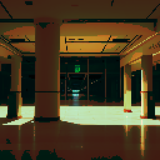empty mall viewed from the inside, wide dark corridors, large pillars, somber mood, nostalgic feel, retro