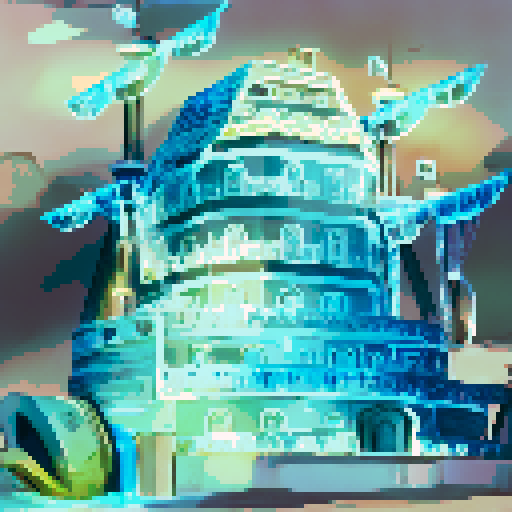 floating ship with water flowing down like a waterfall and steam, 10 stories tall, with blue colors and light  green details