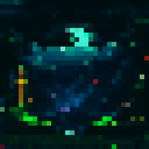 dark, towering rock formations; intricate, alien machinery; glowing, vibrant crystals; deep, mysterious tunnels; pixelated surrealism; sRGB color palette; immersive, atmospheric landscape