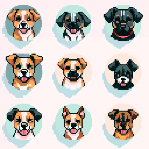clean pixel art, 9 circles containing dog faces