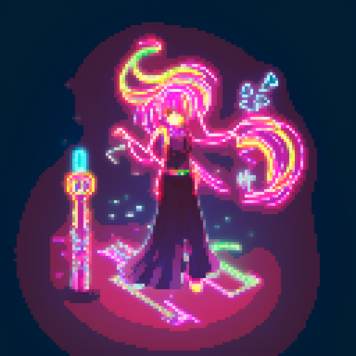 Mage anime girl, flowing hair, fluorescent tattoos, glowing staff, purple neon-lit night market, pixel art
