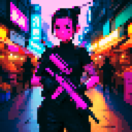 Street merchant assassin girl, neon-lit night market, slicked-back hair, pixelated sniper rifle, fluorescent tattoos, sRGB glow, bustling crowds.
