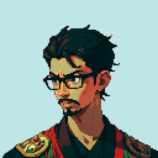 Southeast Asian man, short curly hair, round glasses, tanned, goatee, diamond shaped face, black eyes, wearing a robe