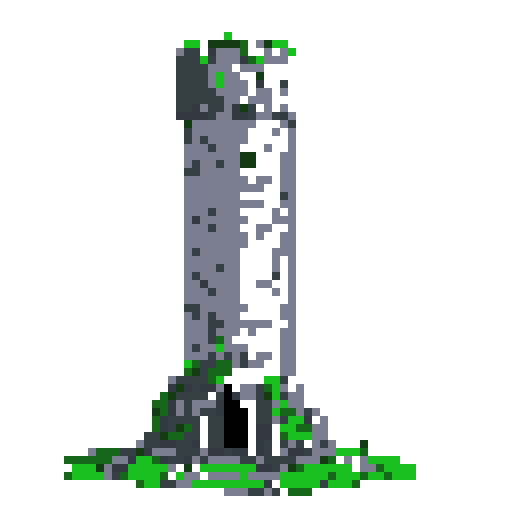 2d grey stone tower in an ancient english style. Old and crumbling but still upright. Green vines crisscross it. Usable as an asset (clear, thick lines and a white background). Put a black stroke around the composition