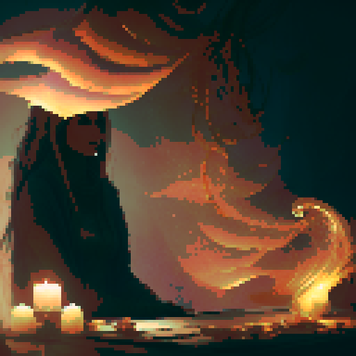 A close-up of a woman's hands over a table during a tarot card reading in a medieval dark style. The table is adorned with elements of the ocean such as sea shells, sand, and small pieces of coral. The atmosphere is mystical and dimly lit, with candlelight casting shadows that enhance the eerie and magical mood. The woman's hands are gracefully poised over the cards, which also have oceanic designs like waves and mermaids.