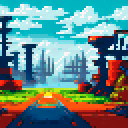 Futuristic robot factory with a run-down setting, apocalyptic atmosphere featuring a pixel art, sRGB landscape background