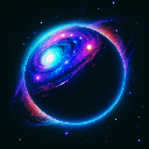 Majestic galaxy, vibrant stars, swirling planets, dark colors, pixel art, sRGB