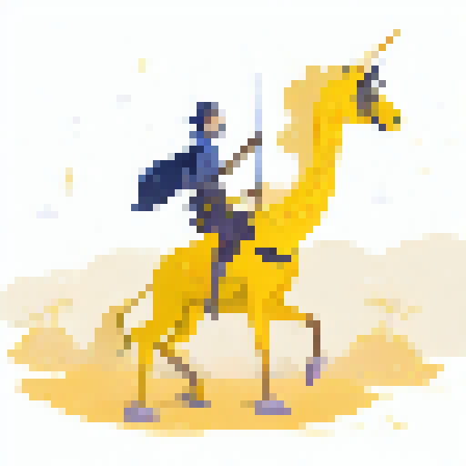 A yellow-clad business support hero wielding a glowing sword and riding a majestic unicorn charges through a mystical forest filled with floating orbs and giant mushrooms in a fantasy RPG-inspired illustration.