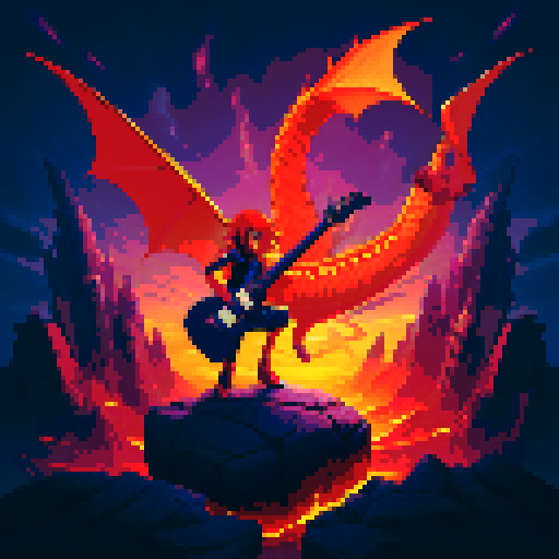 rock guitarist, dragon rider, fiery sky, futuristic city, guitar sword, pixel art, sRGB