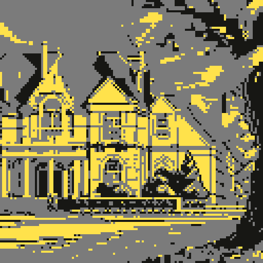 Large suburban american mansion, with driveway and lawn, legend of Zelda isometric perspective, tile based art, 8x8 tiles, pixel art
