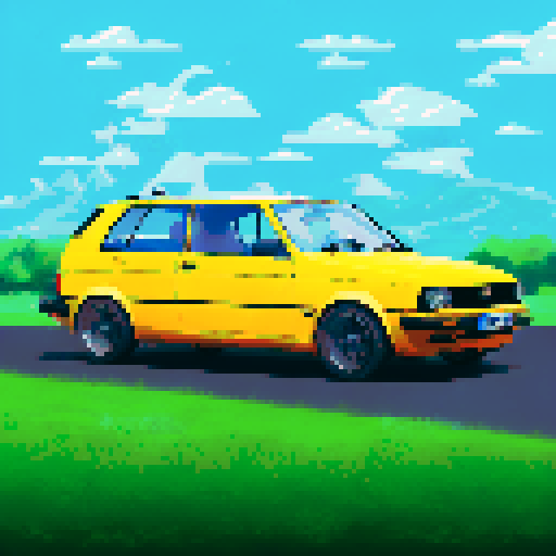 Photorealistic whole Volkswagen Golf, centered, three-quarter view, right front wheel, clean background, realistic colors, pixel art style
