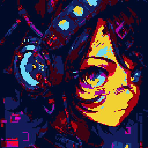 cyberpunk anime girl with cat ears, headphones, and cyborg eyes, in a landscape portrait showcasing vibrant neon cityscape and futuristic technology