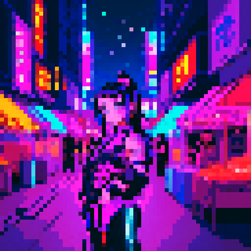 Street anime crypto mage girl, neon-lit night market, slicked-back hair, pixelated sniper rifle, fluorescent tattoos, sRGB glow, bustling crowds.
