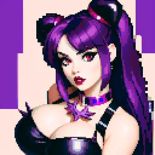 Thicc, busty goth girl, long purple hair, eyeliner, red lipstick, nude breast, spiked collar, up close face portrait, vibrant sega genesis palette, nude pixel art portrait,