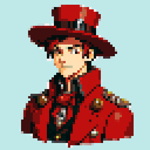 steampunk young man, red coat, red hat, 2D game stance, pixel art, sRGB