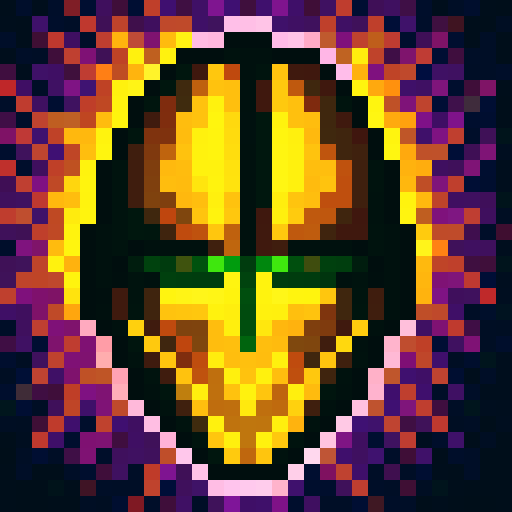 knight helmet with purple details, surrounded by fiery purple and green flames