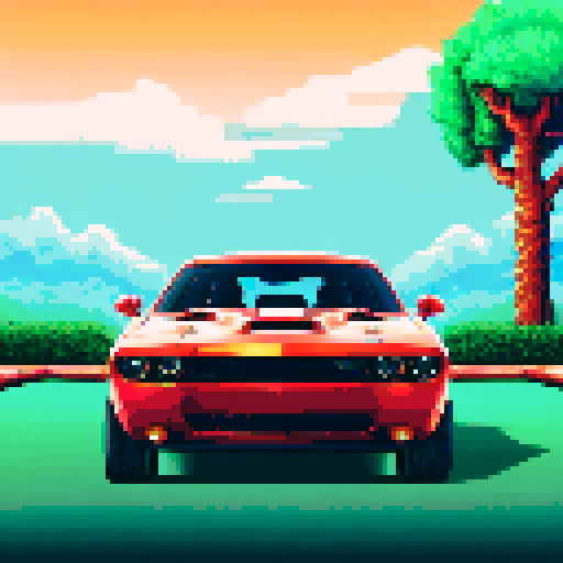 Photorealistic, centered Dodge Challenger in a three quarter view, right wheel in front, clean background, pixel art style with sRGB colors
