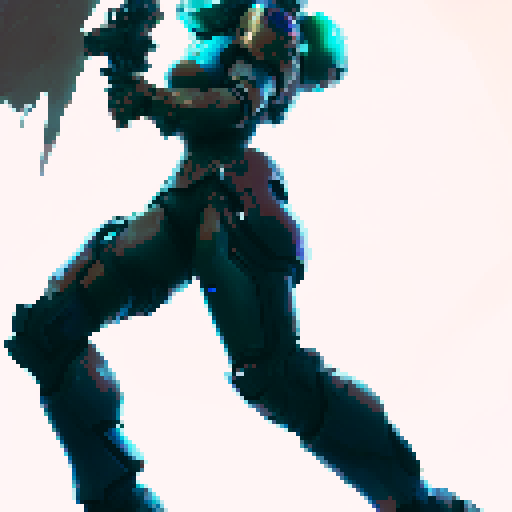 samus-aran type female character with anime eyes, no helmet, arm weapon like samus, medium sexy butt and boobs, standing facing right idle, fantasy RPG