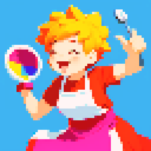 Cute, vibrant, playful chef, apron, juggling utensils, action shot, pixel art, colorful, no background just the character, sRGB