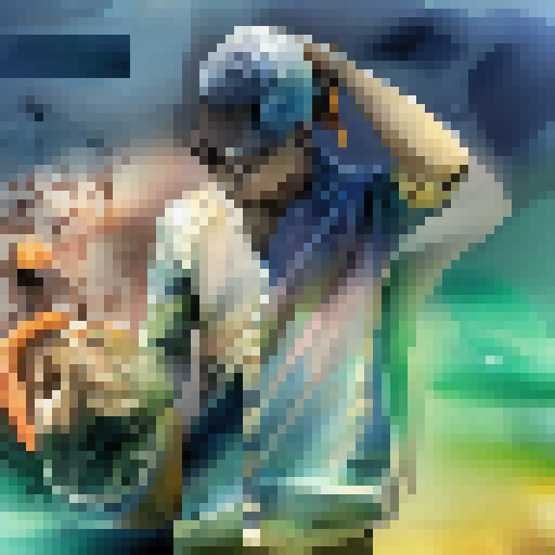 A surreal, mountainous landscape with a cascading waterfall and a lone figure standing atop a rocky precipice, rendered in a vivid, hyper-realistic portrait style.