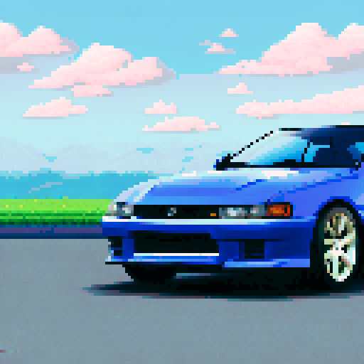 Photorealistic whole Nissan Silvia, three-quarter view, right front wheel, clean background, sRGB colors, pixel art style