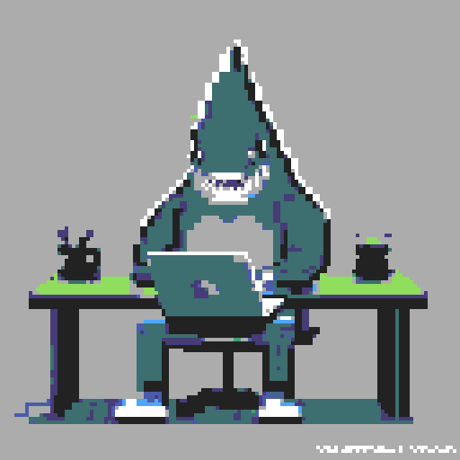 shark, desk, typing, laptop, pixel art, sRGB