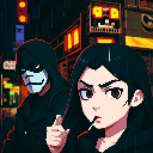 Girl on the right smoking a cigarette, guy on the left holding a gun with a black mask covering half his face showing only his eyes, gritty, rainy, nighttime, downtown