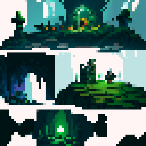 Rocky dungeon assets, moss-covered walls, dimly lit torches, eerie atmosphere, sRGB color palette, pixel art style
