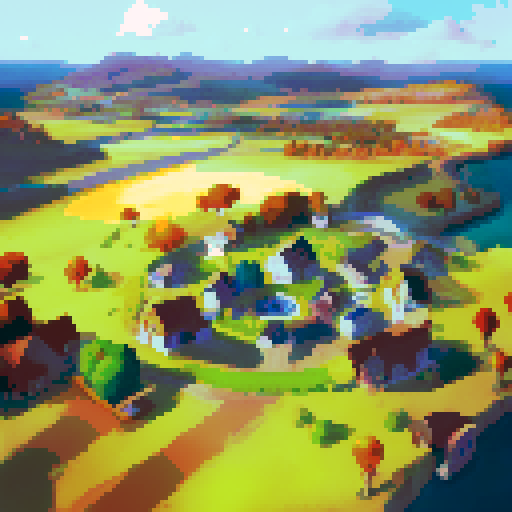 Scenery from elevated angle, farm village with fields, autumn, beautiful scenery, fantasy