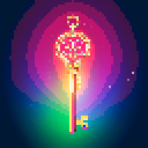 magical key, glowing with vibrant colors, intricate design, shimmering with pixelated details, sparkling with sRGB brilliance