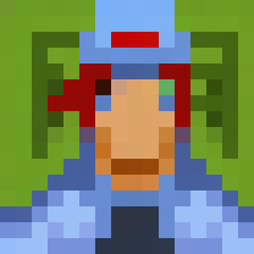 Pixelated pokemon trainer with a focused expression and bright red hat, standing amidst a lush green forest with tall trees and colorful flowers in the background.