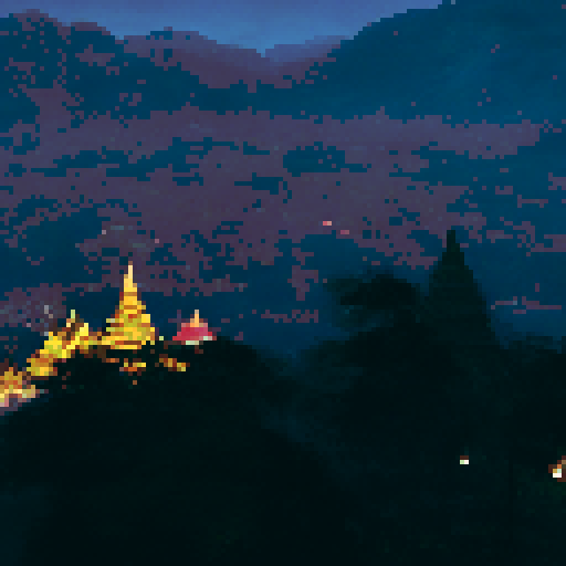 Night view, Thai yellow temple, On mountain, night city with small yellow lights below the mountain