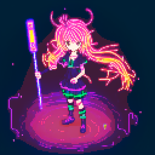 Mage anime girl, flowing hair, fluorescent tattoos, glowing staff, purple neon-lit night market, pixel art