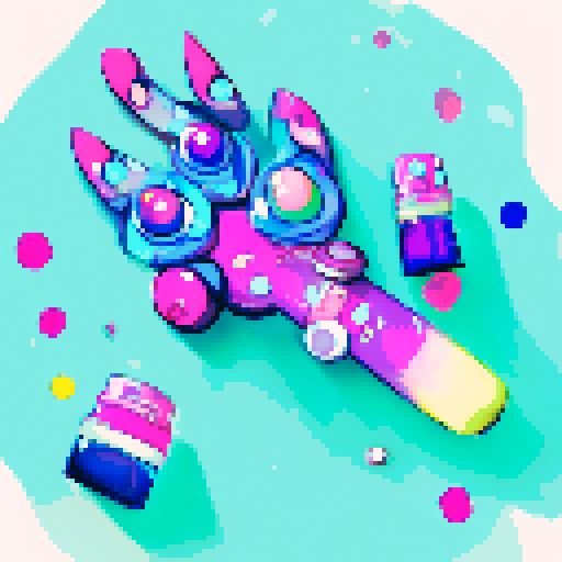 "Rainbow-hued, glistening dildo towers over tiny bottles of pastel nail polish, surrounded by anime-style characters with wide eyes and flushed cheeks."