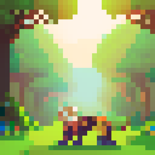 a cute jaguar in the forest. the scenery have two big trees, one at each side. the sky have a bright yellow sun