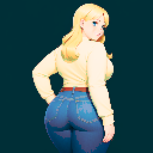 chubby, blonde, girl, jeans, long sleeve shirt, wide hips, very big butt, facing away from camera, looking back and smiling, kneeling, mooning, revealing buttocks, pixel art, sRGB