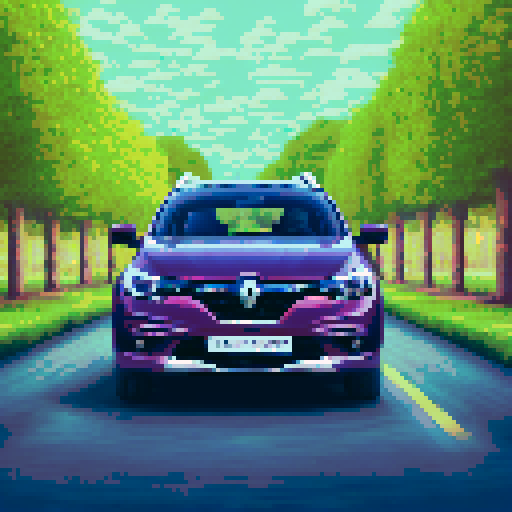 Photorealistic whole Renault Logan, centered, three-quarter view, right front wheel, clean background, sRGB colors, pixel art style