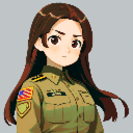 young girl, large round eyes, brown hair, brown eyes, wearing combat army uniform, upper body close-up, clean and detailed, centered composition, beautiful girl, long flowing hair, detailed eyes, slim figure, soft smile, round face, like Japanese anime