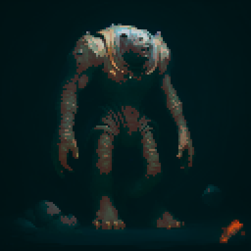 Giant golem made out of boulders, wandering through a cave