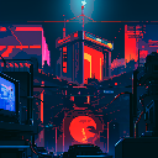 giant futuristic computer banks, vivid red monitors, hanging cables and cords, bioorganic towers of machines, dark fog, snaking cables on pixel art
