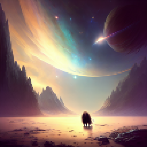 Chimp gazes at awe-inspiring landscape of galaxies, stars, and planets, evoking a sense of melancholy in a Fantasy RPG style.