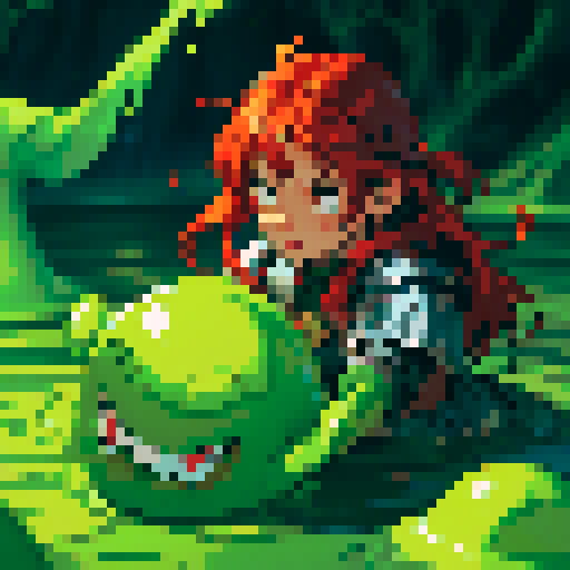 hero sinking into slime, hero drowning in slime, hero has red hair, hero has silver armor, reaching up, panic, sinking deep into slime