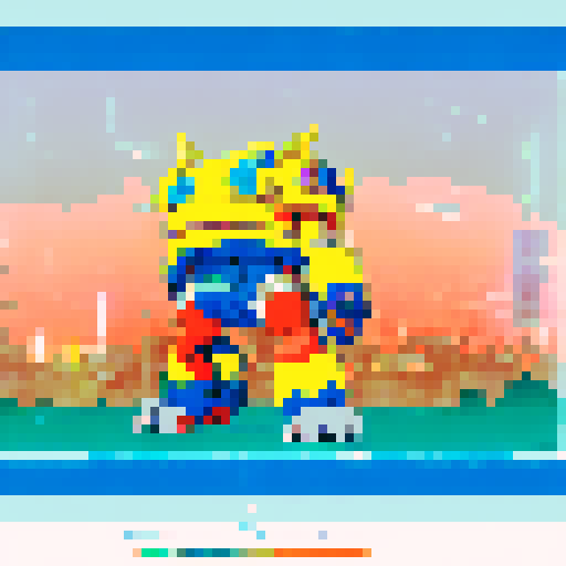 Yellow-skinned Simpsons characters wearing anime-inspired clothing, standing in front of a neon-lit cityscape with giant robot mechs towering behind them