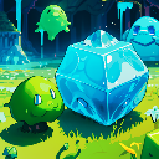 Blue Slime cube, Gelatinous cube, giant Slime, boss fight, grasslands