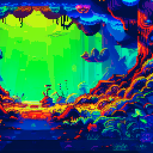 evil lair, eerie cave entrance with glowing, bioluminescent mushrooms lining the walls, casting an otherworldly light onto the rugged, moss-covered ground, creating a mysterious and enchanting pixel art background