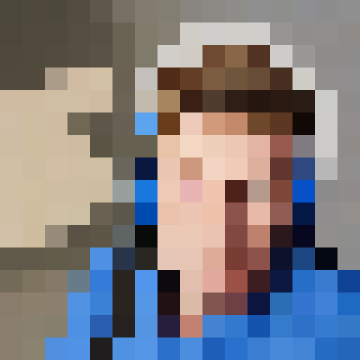 A portrait of a guy with blue eyes, a blue headphones and short white hair, background is sky blue