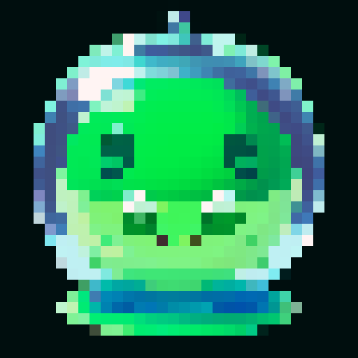Slime, A simple amorphous blob with a glossy, semi-transparent green body. It has big, round eyes and a goofy smile, with small bubbles inside its jelly-like structure.
