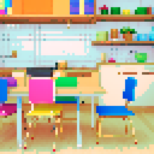 Vibrant, retro pixel art chairs, tables, and shelves in a lively sRGB color palette, Scandi and Japandi style