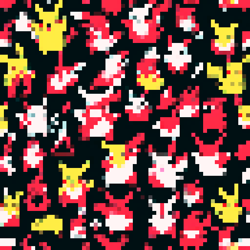 Red and white pixelated Pikachu with pointy ears and a zigzag tail, surrounded by a colorful array of pixel art Pokemon characters on a black sRGB background